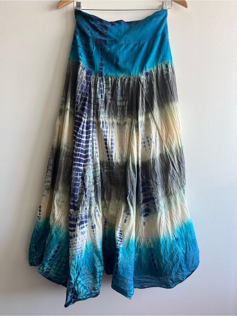 Y2K Magazine Boho Maxi Skirt Teal Blue Tie Dye Abstract Artsy Festival Sz S